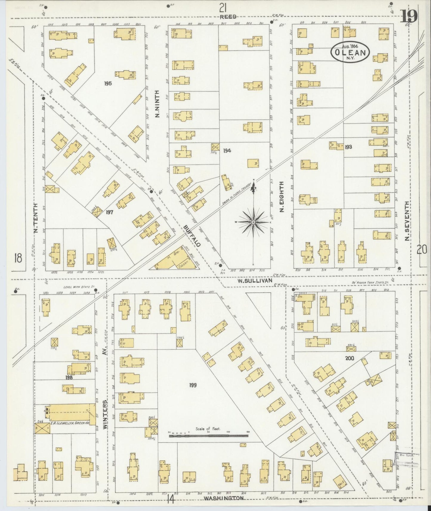 Sanborn Fire Insurance Map from Olean, Cattaraugus County, New York (1904), Sheet #0019 - Complete Map Set gallery image, historic Sanborn map, vintage wall art, New York New York