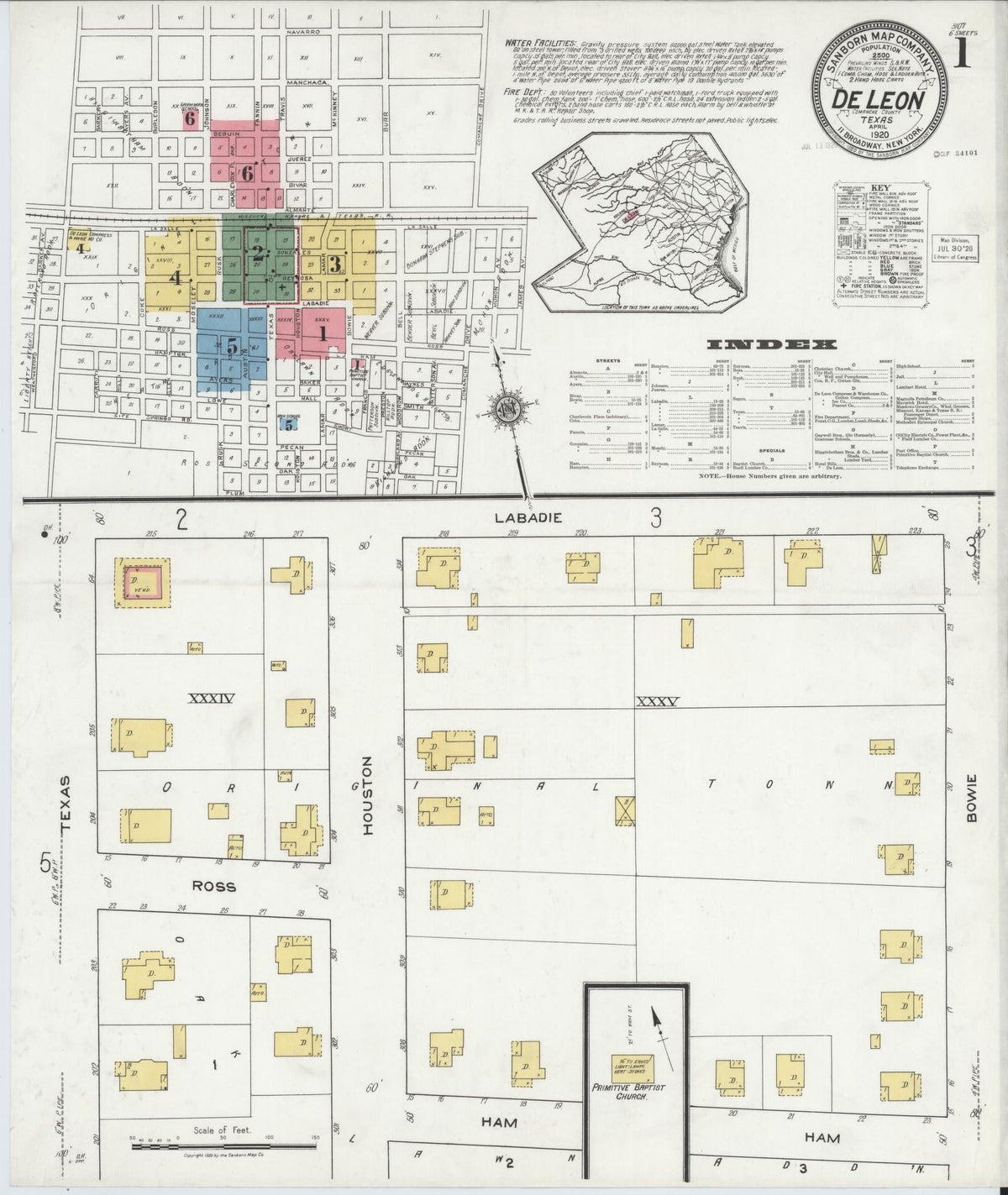Sanborn Fire Insurance Map from De Leon, Comanche County, Texas (1920), Sheet #0001 - Historic Sanborn Fire Insurance Map Print, vintage old map wall art, antique decor, genealogy gift, Texas Texas map