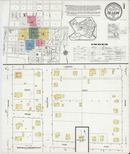 Sanborn Fire Insurance Map from De Leon, Comanche County, Texas (1920), Sheet #0001 - Historic Sanborn Fire Insurance Map Print, vintage old map wall art, antique decor, genealogy gift, Texas Texas map