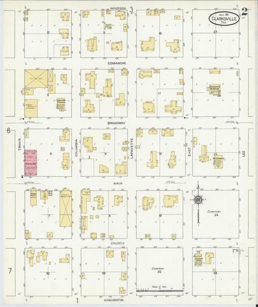 Sanborn Fire Insurance Map from Clarksville, Red River County, Texas (1911), Sheet #0002 - Historic Sanborn Fire Insurance Map Print, vintage old map wall art, antique decor, genealogy gift, Texas Texas map
