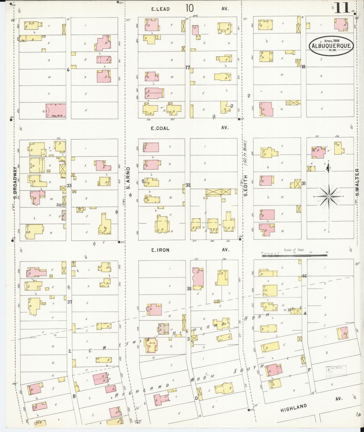 Sanborn Fire Insurance Map from Albuquerque, Bernalillo County, New Mexico (1898), Sheet #0011 - Historic Sanborn Fire Insurance Map Print, vintage old map wall art, antique decor, genealogy gift, New Mexico New Mexico map