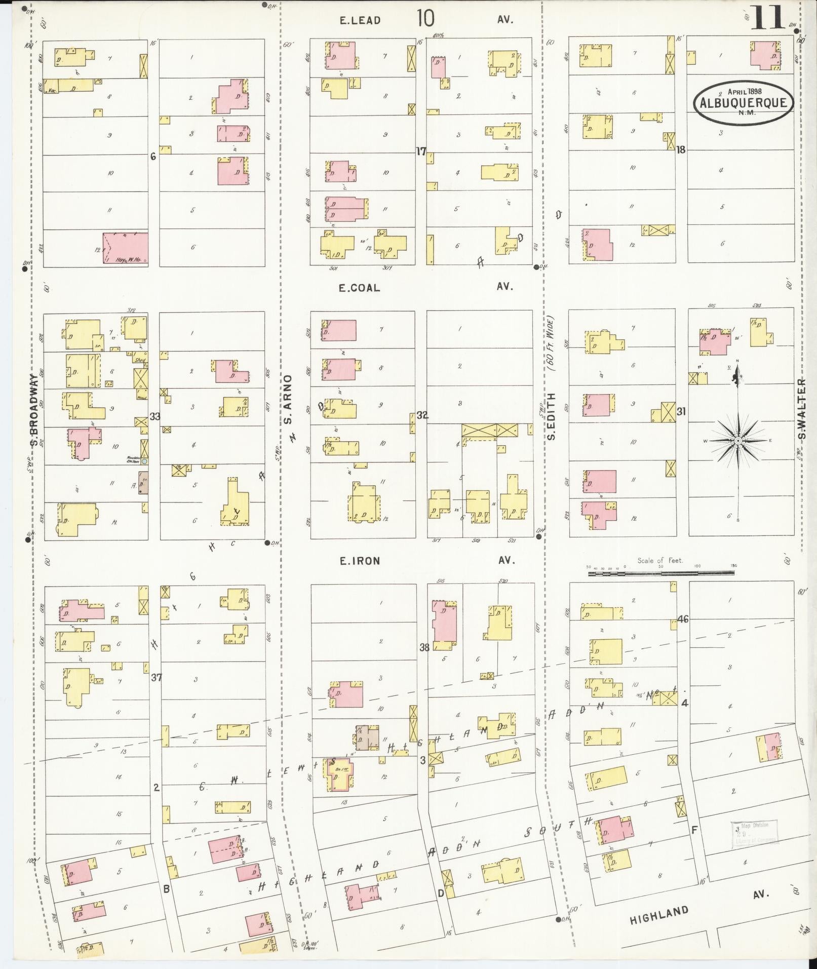 Sanborn Fire Insurance Map from Albuquerque, Bernalillo County, New Mexico (1898), Sheet #0011 - Historic Sanborn Fire Insurance Map Print, vintage old map wall art, antique decor, genealogy gift, New Mexico New Mexico map