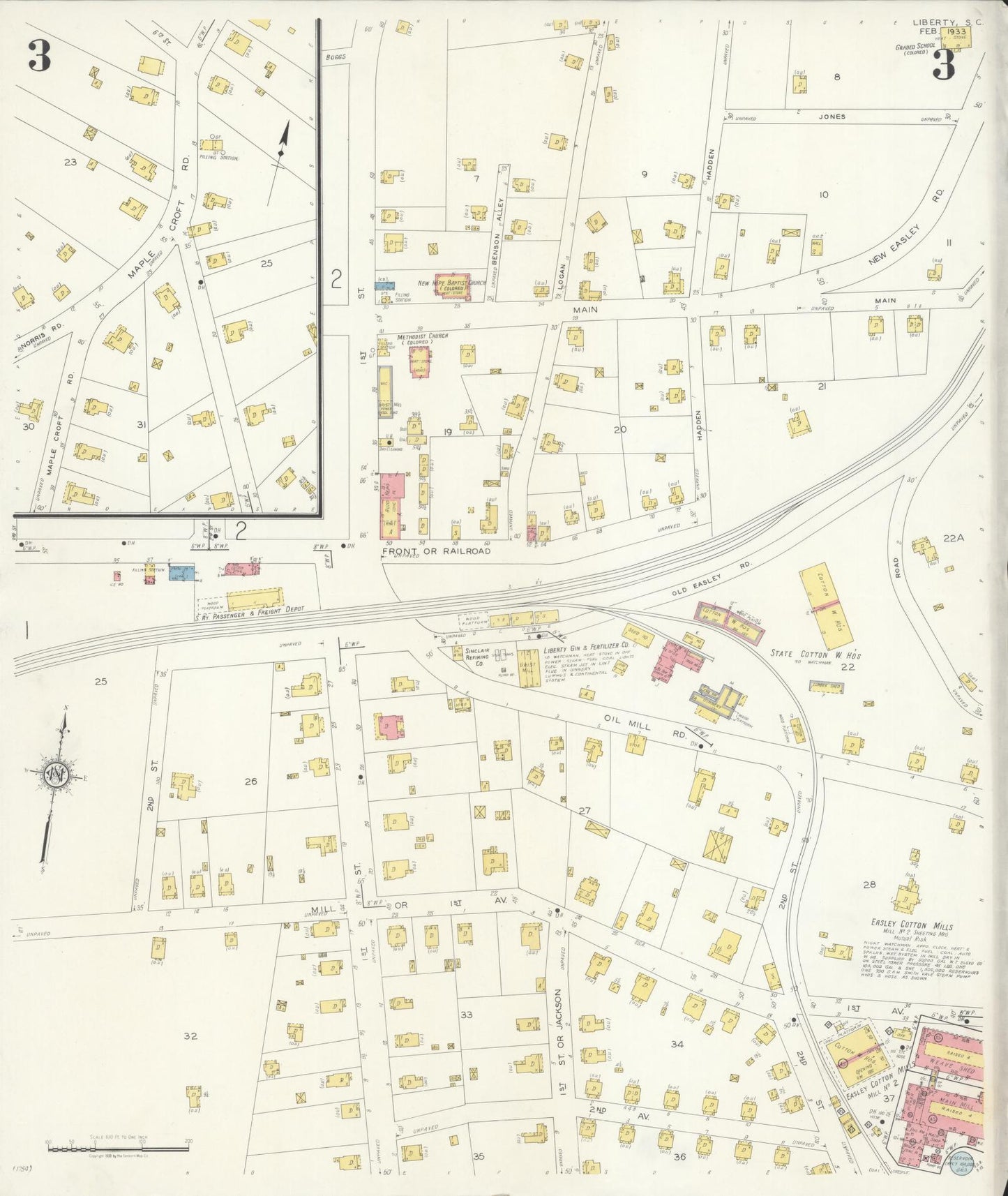 Sanborn Fire Insurance Map from Liberty, Pickens County, South Carolina (1933), Sheet #0003 - Historic Sanborn Fire Insurance Map Print, vintage old map wall art, antique decor, genealogy gift, South Carolina South Carolina map
