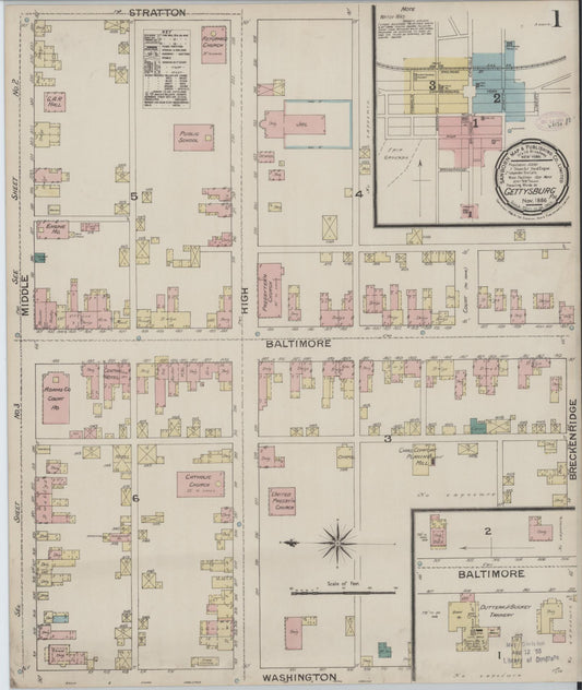Sanborn Fire Insurance Map from Gettysburg, Adams County, Pennsylvania (1886), Sheet #0001 - Historic Sanborn Fire Insurance Map Print, vintage old map wall art, antique decor, genealogy gift, Pennsylvania Pennsylvania map