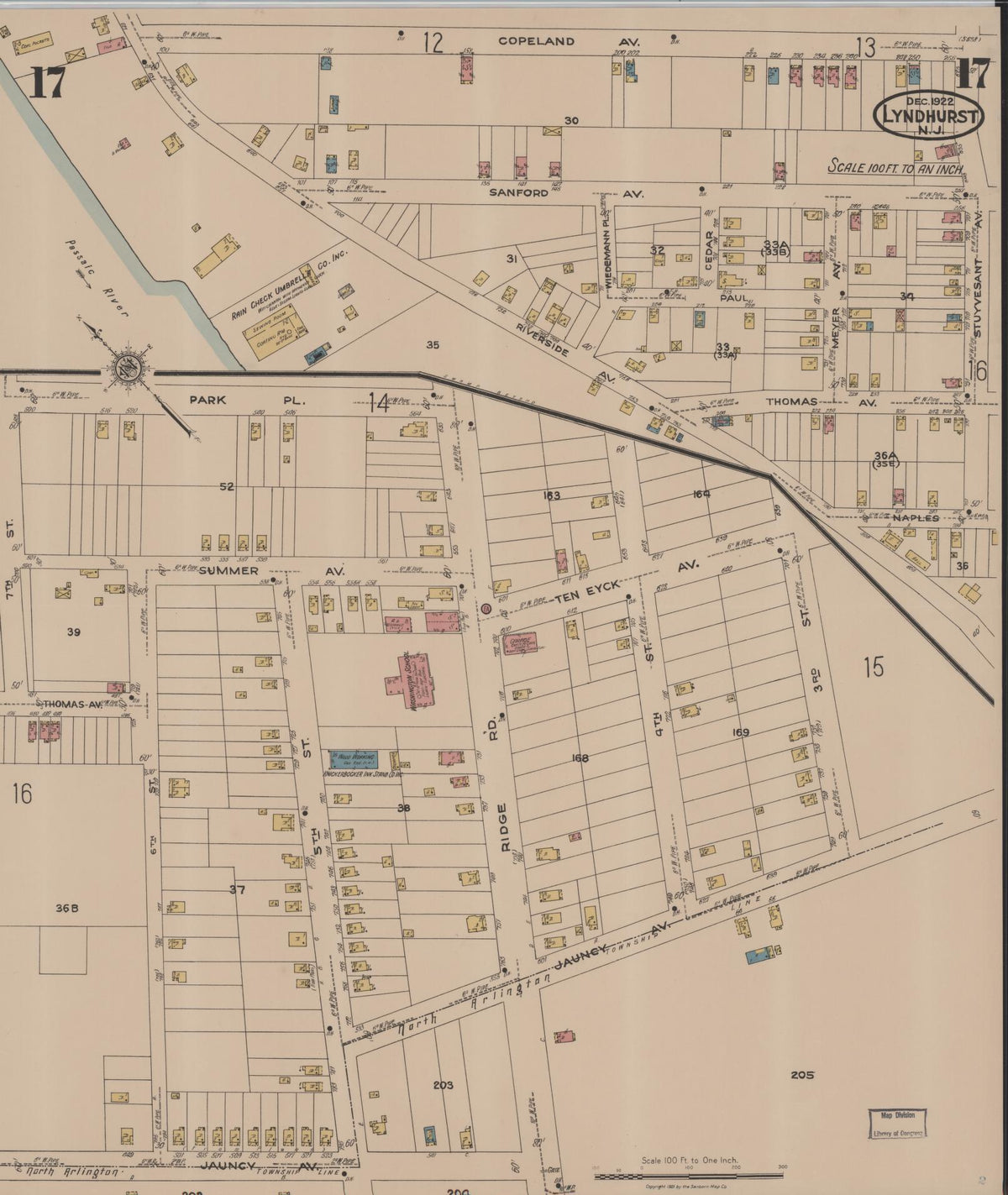 Sanborn Fire Insurance Map from Lyndhurst, Bergen County, New Jersey (1922), Sheet #0017 - Complete Map Set gallery image, historic Sanborn map, vintage wall art, New Jersey New Jersey
