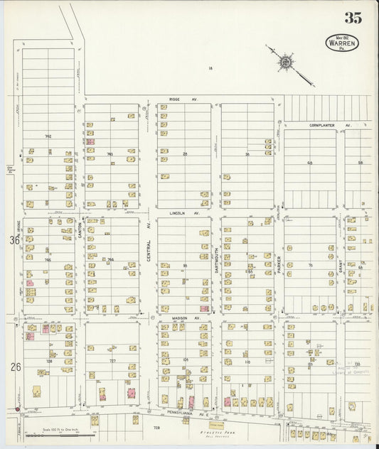 Sanborn Fire Insurance Map from Warren, Warren County, Pennsylvania (1912), Sheet #0035 - Historic Sanborn Fire Insurance Map Print, vintage old map wall art, antique decor, genealogy gift, Pennsylvania Pennsylvania map