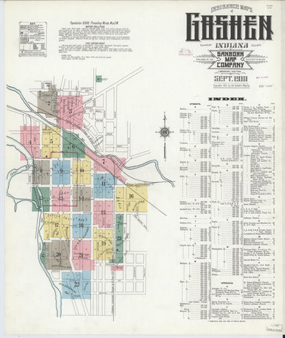 Sanborn Fire Insurance Map from Goshen, Elkhart County, Indiana (1910), Sheet #0001 - Historic Sanborn Fire Insurance Map Print, vintage old map wall art, antique decor, genealogy gift, Indiana Indiana map