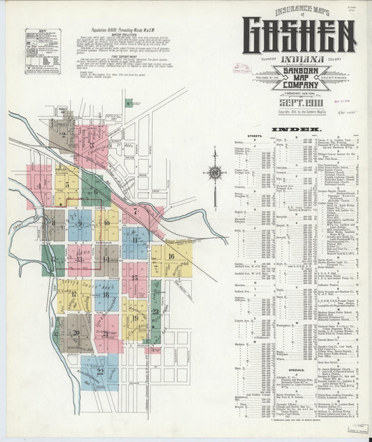 Sanborn Fire Insurance Map from Goshen, Elkhart County, Indiana (1910), Sheet #0001 - Historic Sanborn Fire Insurance Map Print, vintage old map wall art, antique decor, genealogy gift, Indiana Indiana map