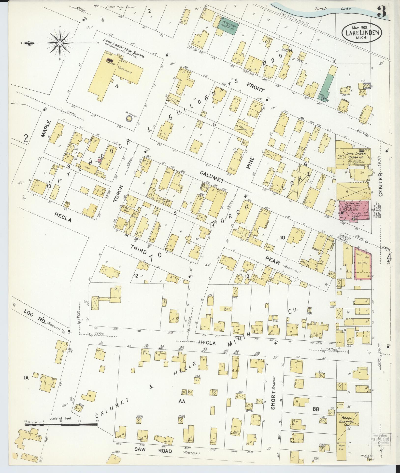 Sanborn Fire Insurance Map from Lake Linden, Houghton County, Michigan (1908), Sheet #0003 - Complete Map Set gallery image, historic Sanborn map, vintage wall art, Michigan Michigan
