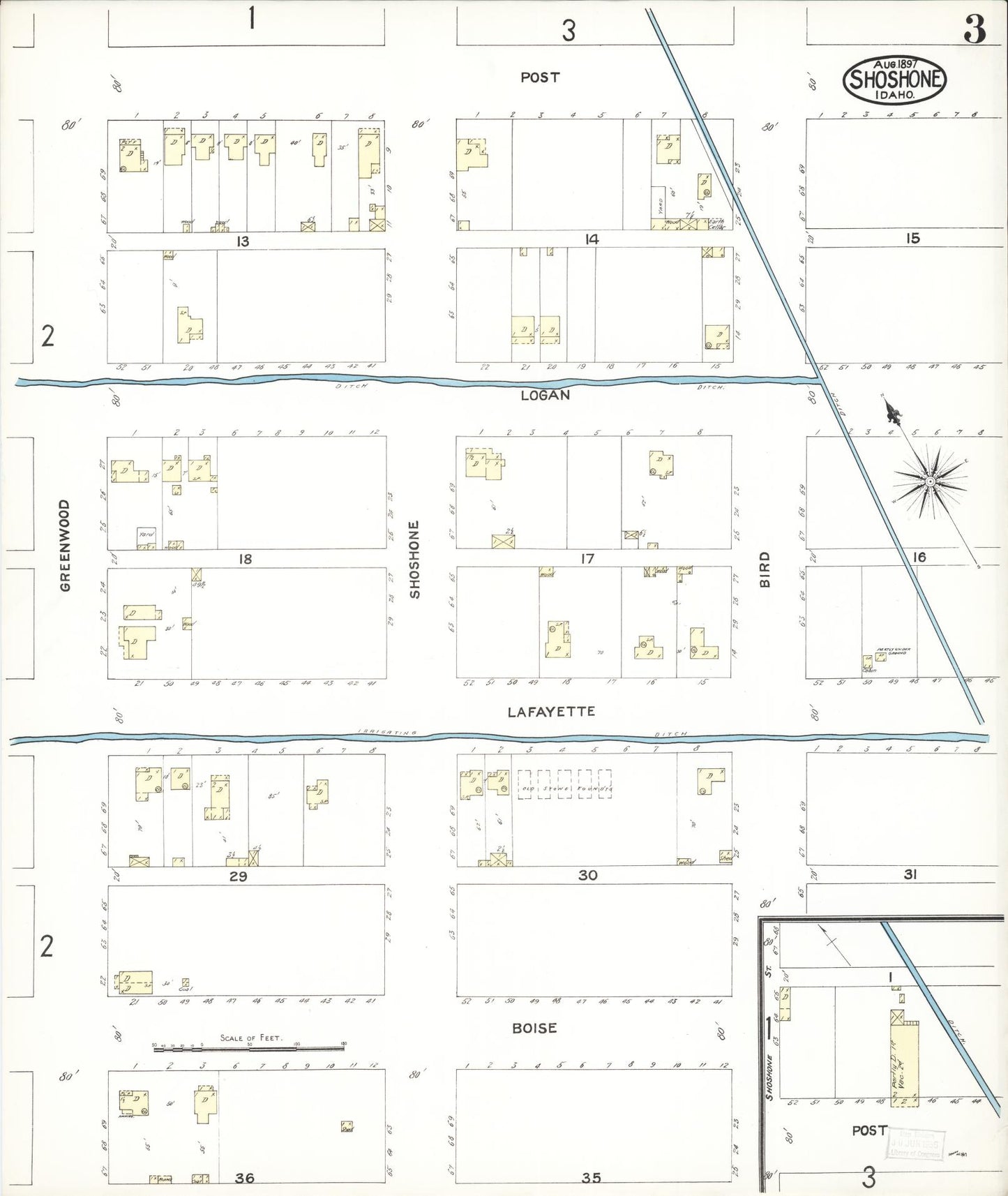 Sanborn Fire Insurance Map from Shoshone, Lincoln County, Idaho (1897), Sheet #0003 - Historic Sanborn Fire Insurance Map Print, vintage old map wall art, antique decor, genealogy gift, Idaho Idaho map