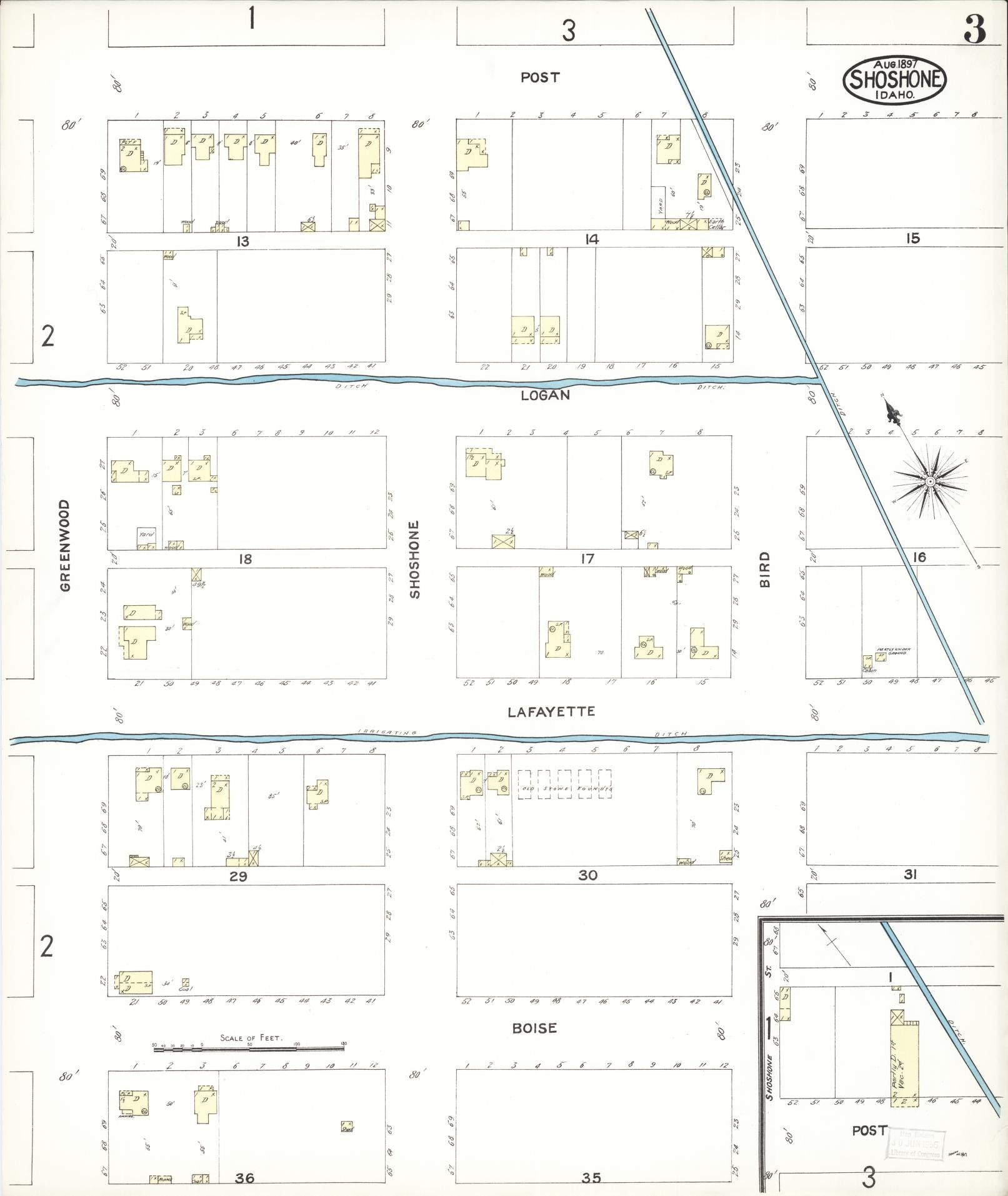 Sanborn Fire Insurance Map from Shoshone, Lincoln County, Idaho (1897), Sheet #0003 - Historic Sanborn Fire Insurance Map Print, vintage old map wall art, antique decor, genealogy gift, Idaho Idaho map