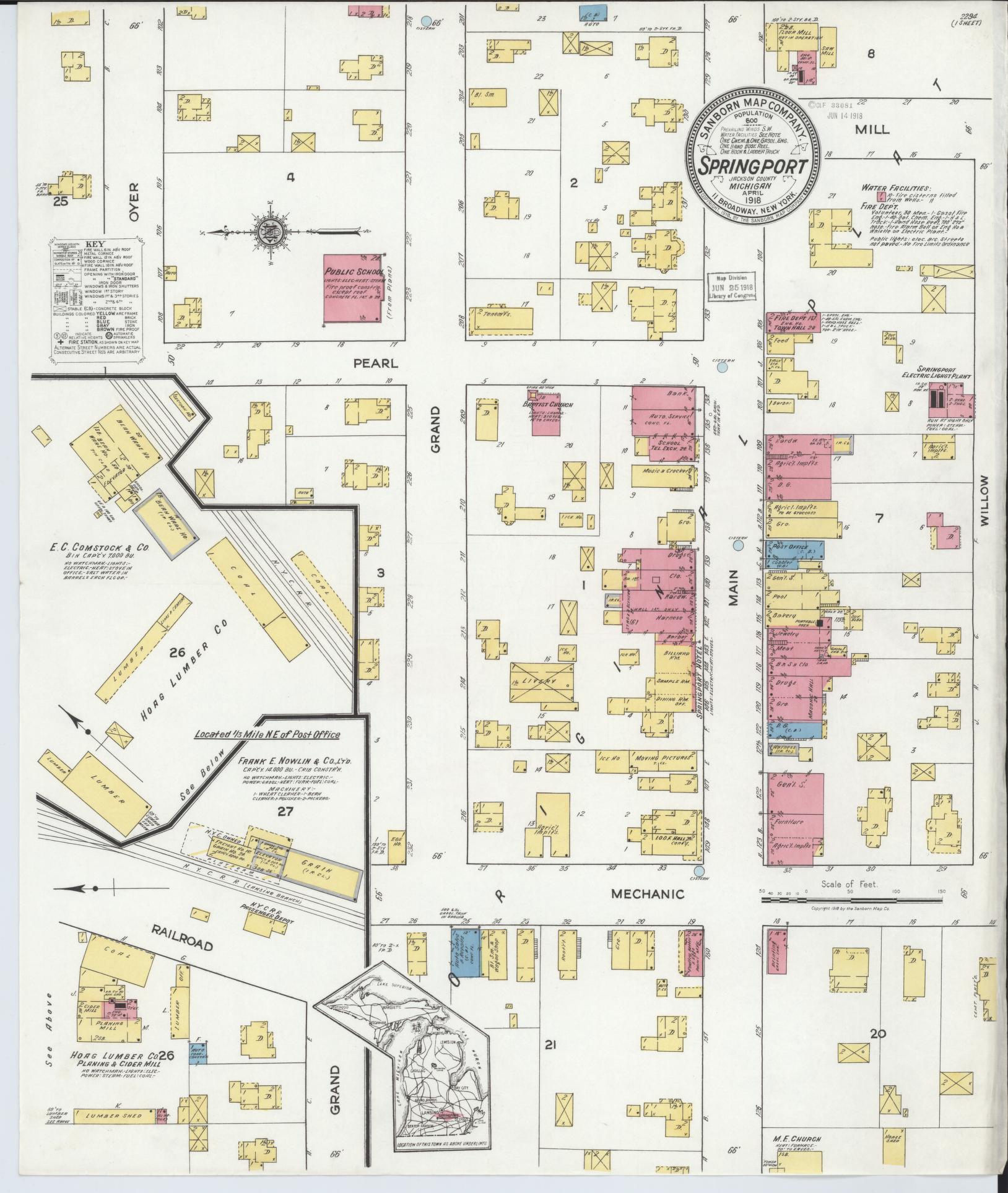 Sanborn Fire Insurance Map from Springport, Jackson County, Michigan (1918), Sheet #0001 - Historic Sanborn Fire Insurance Map Print, vintage old map wall art, antique decor, genealogy gift, Michigan Michigan map