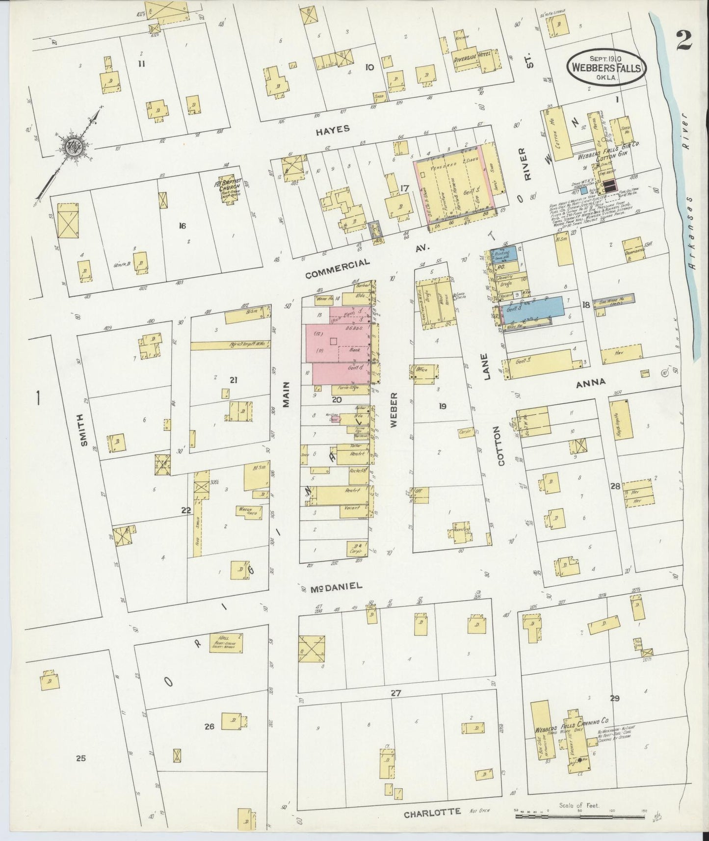 Sanborn Fire Insurance Map from Webbers Falls, Muskogee County, Oklahoma (1910), Sheet #0002 - Complete Map Set gallery image, historic Sanborn map, vintage wall art, Oklahoma Oklahoma
