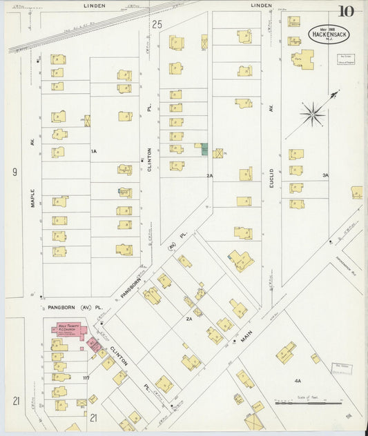 Sanborn Fire Insurance Map from Hackensack, Bergen County, New Jersey (1908), Sheet #0010 - Historic Sanborn Fire Insurance Map Print, vintage old map wall art, antique decor, genealogy gift, New Jersey New Jersey map