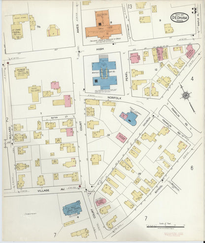 Sanborn Fire Insurance Map from Dedham, Norfolk County, Massachusetts (1917), Sheet #0003 - Historic Sanborn Fire Insurance Map Print, vintage old map wall art, antique decor, genealogy gift, Massachusetts Massachusetts map
