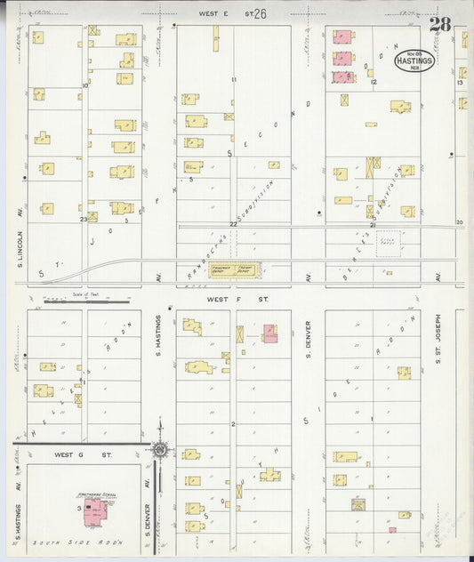 Sanborn Fire Insurance Map from Hastings, Adams County, Nebraska (1915), Sheet #0028 - Historic Sanborn Fire Insurance Map Print, vintage old map wall art, antique decor, genealogy gift, Nebraska Nebraska map