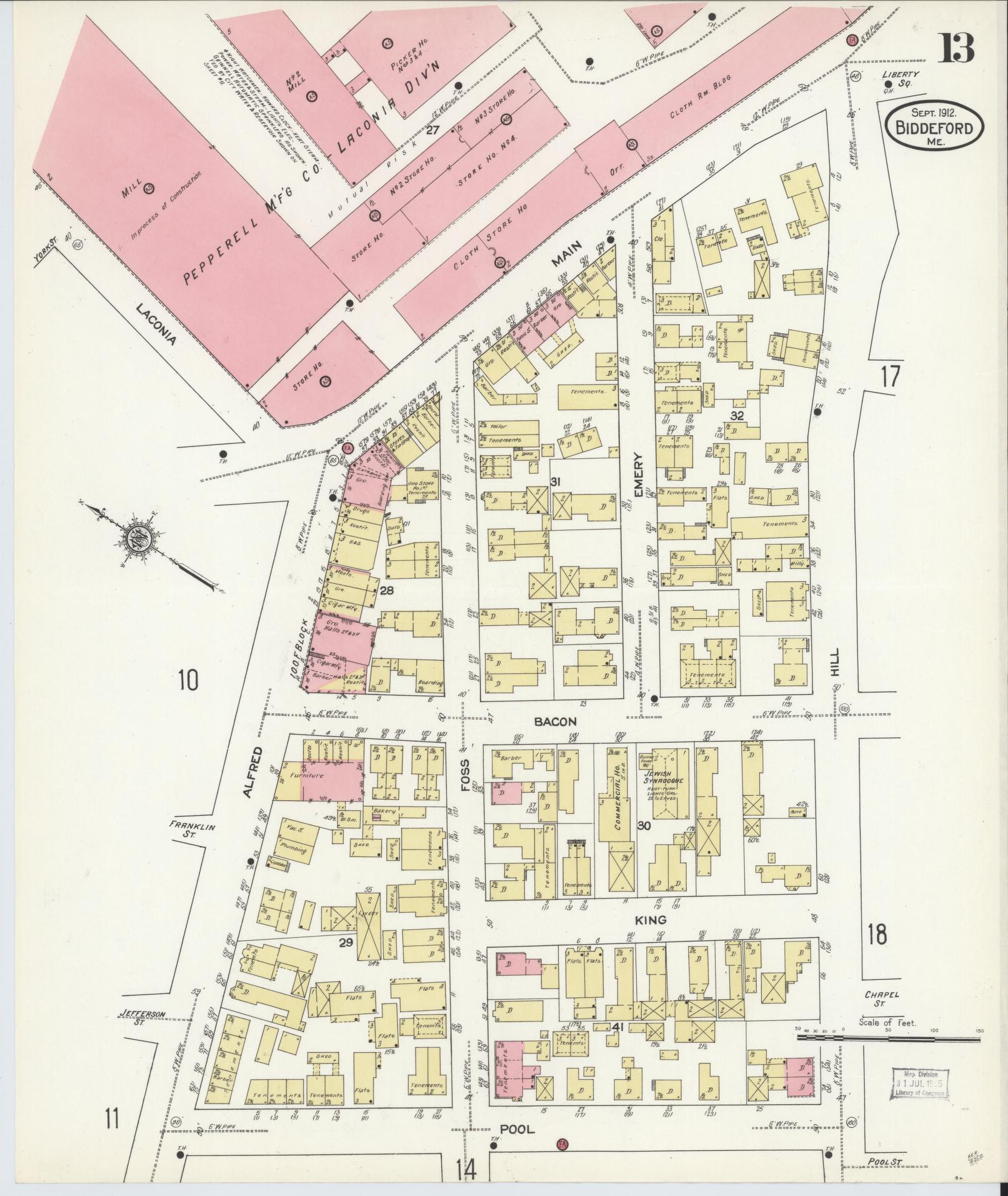Sanborn Fire Insurance Map from Biddeford, York County, Maine (1912), Sheet #0013 - Complete Map Set gallery image, historic Sanborn map, vintage wall art, Maine Maine