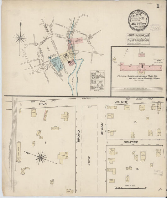 Sanborn Fire Insurance Map from Milford, New Haven County, Connecticut (1884), Sheet #0001 - Historic Sanborn Fire Insurance Map Print, vintage old map wall art, antique decor, genealogy gift, Connecticut Connecticut map
