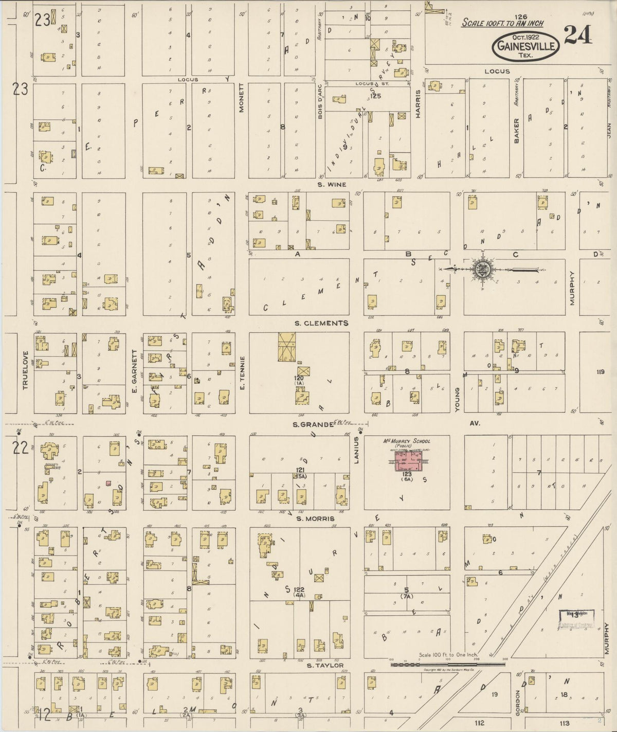 Sanborn Fire Insurance Map from Gainesville, Cooke County, Texas (1922), Sheet #0024 - Complete Map Set gallery image, historic Sanborn map, vintage wall art, Texas Texas