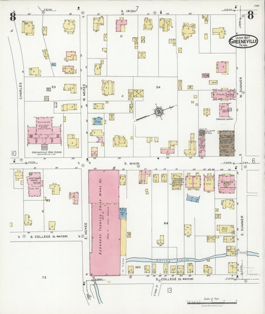 Sanborn Fire Insurance Map from Greeneville, Greene County, Tennessee (1927), Sheet #0008 - Historic Sanborn Fire Insurance Map Print, vintage old map wall art, antique decor, genealogy gift, Tennessee Tennessee map