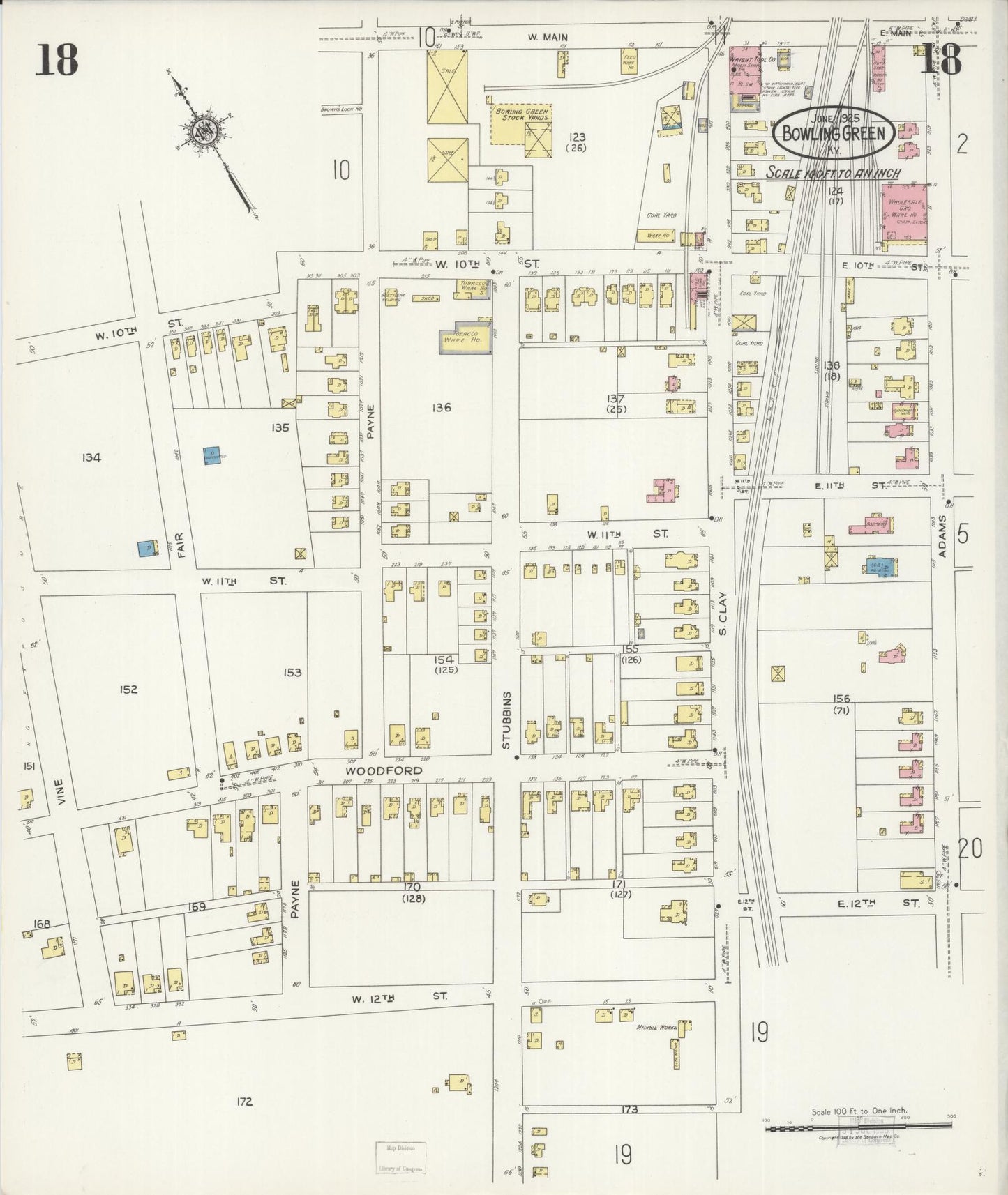 Sanborn Fire Insurance Map from Bowling Green, Warren County, Kentucky (1925), Sheet #0018 - Complete Map Set gallery image, historic Sanborn map, vintage wall art, Kentucky Kentucky