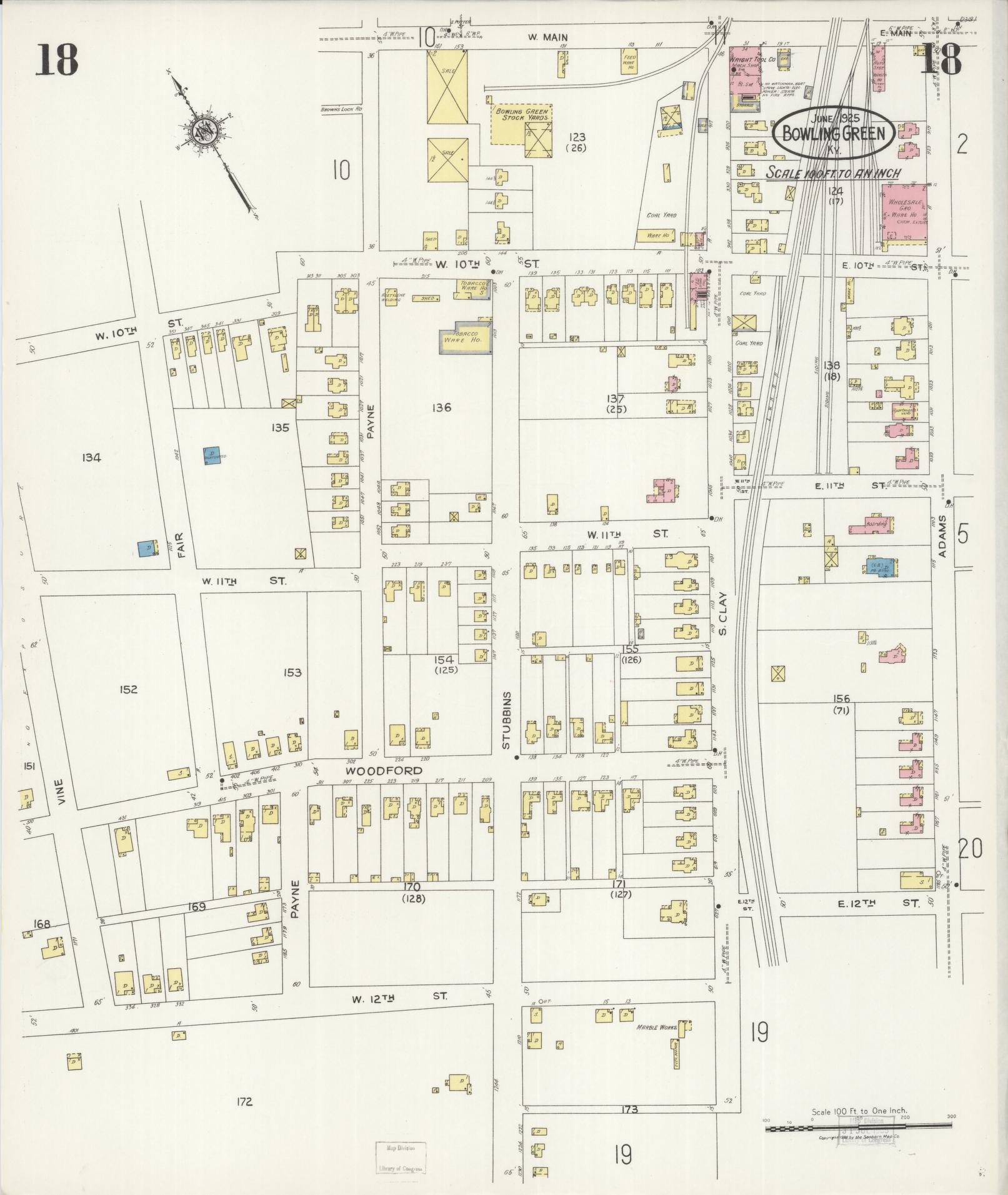 Sanborn Fire Insurance Map from Bowling Green, Warren County, Kentucky (1925), Sheet #0018 - Complete Map Set gallery image, historic Sanborn map, vintage wall art, Kentucky Kentucky