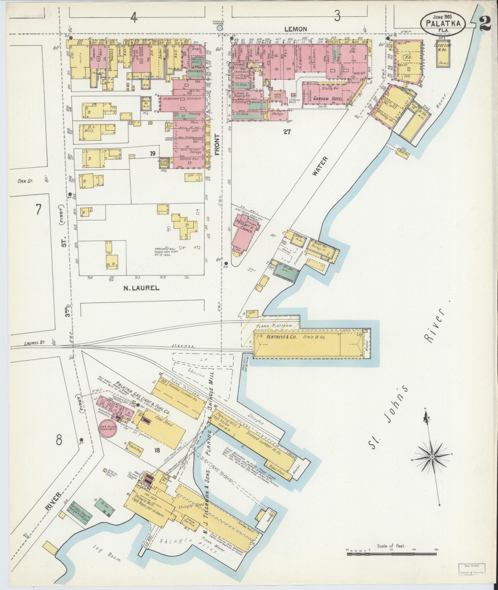 Sanborn Fire Insurance Map from Palatka, Putnam County, Florida (1903), Sheet #0002 - Complete Map Set gallery image, historic Sanborn map, vintage wall art, Florida Florida