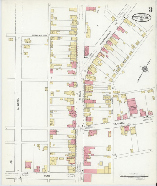 Sanborn Fire Insurance Map from Westminster, Carroll County, Maryland (1918), Sheet #0003 - Historic Sanborn Fire Insurance Map Print, vintage old map wall art