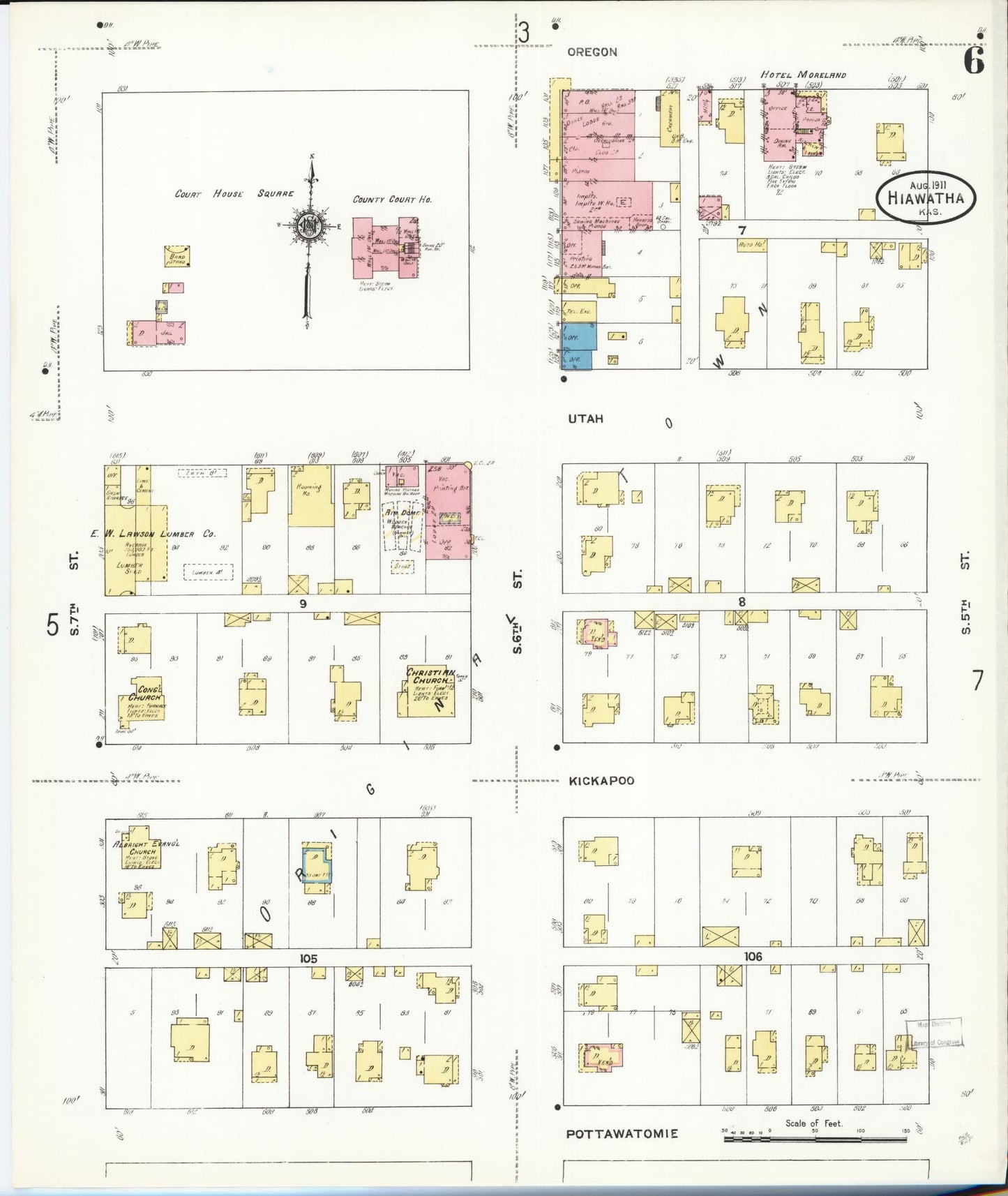 Sanborn Fire Insurance Map from Hiawatha, Brown County, Kansas (1911), Sheet #0006 - Complete Map Set gallery image, historic Sanborn map, vintage wall art, Kansas Kansas