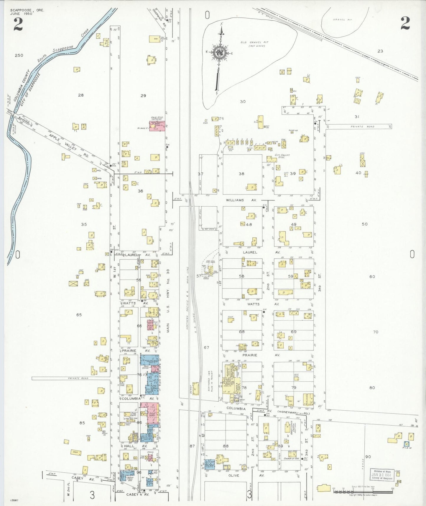 Sanborn Fire Insurance Map from Scappoose, Columbia County, Oregon (1950), Sheet #0002 - Complete Map Set gallery image, historic Sanborn map, vintage wall art, Oregon Oregon