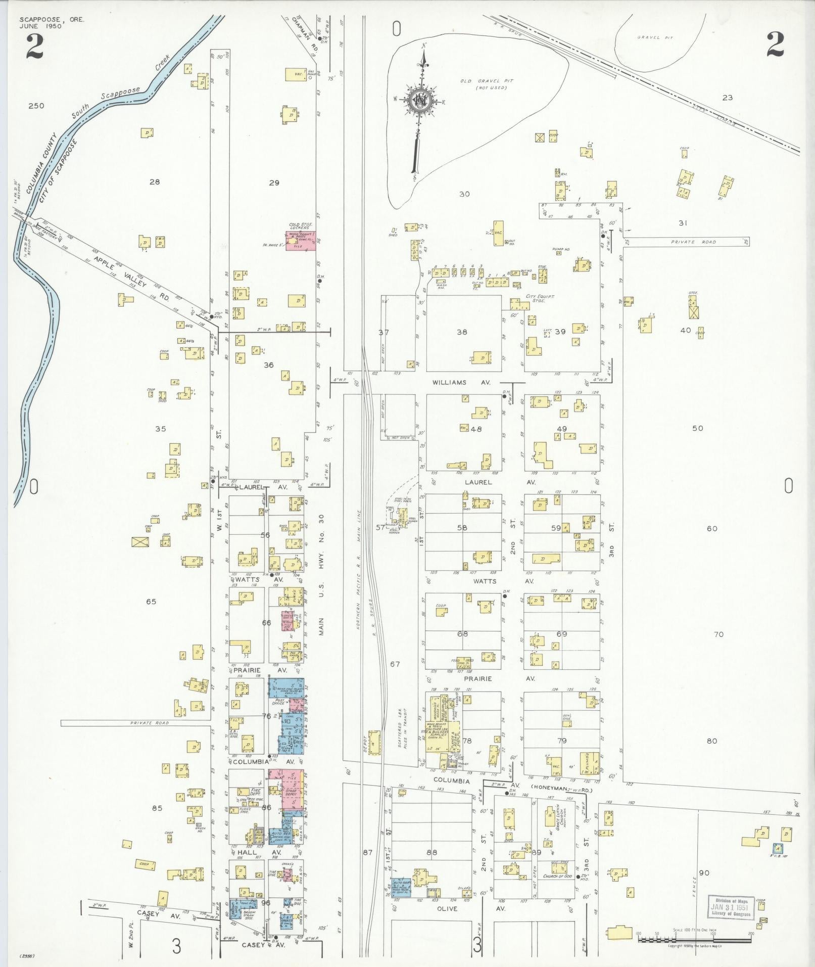 Sanborn Fire Insurance Map from Scappoose, Columbia County, Oregon (1950), Sheet #0002 - Complete Map Set gallery image, historic Sanborn map, vintage wall art, Oregon Oregon