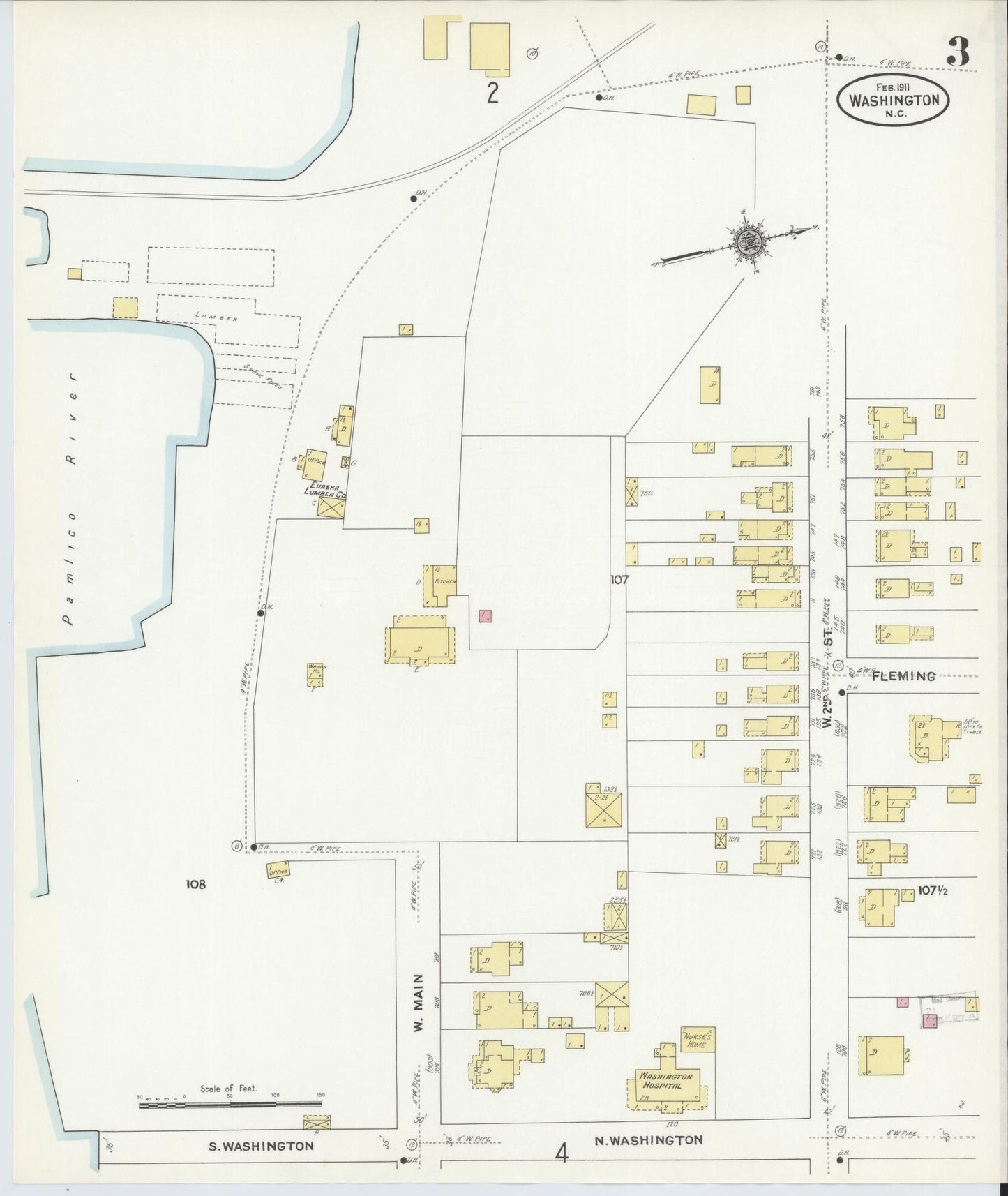 Sanborn Fire Insurance Map from Washington, Beaufort County, North Carolina (1911), Sheet #0003 - Historic Sanborn Fire Insurance Map Print, vintage old map wall art, antique decor, genealogy gift, Washington Washington map
