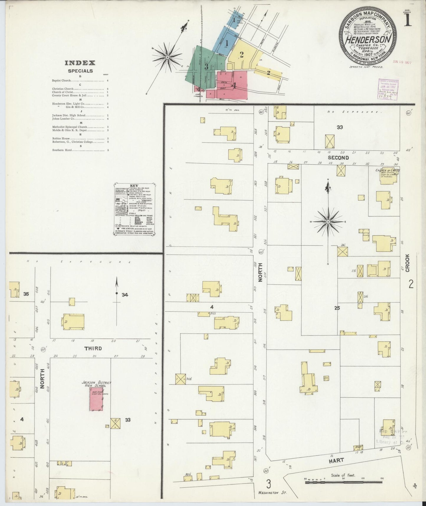 Sanborn Fire Insurance Map from Henderson, Chester County, Tennessee (1907), Sheet #0001 - Historic Sanborn Fire Insurance Map Print, vintage old map wall art, antique decor, genealogy gift, Tennessee Tennessee map