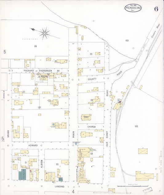 Sanborn Fire Insurance Map from Mendocino, Mendocino County, California (1898), Sheet #0006 - Historic Sanborn Fire Insurance Map Print, vintage old map wall art, antique decor, genealogy gift, California California map