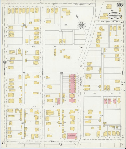 Sanborn Fire Insurance Map from Parkersburg, Wood County, West Virginia (1904), Sheet #0026 - Historic Sanborn Fire Insurance Map Print, vintage old map wall art, antique decor, genealogy gift, West Virginia West Virginia map