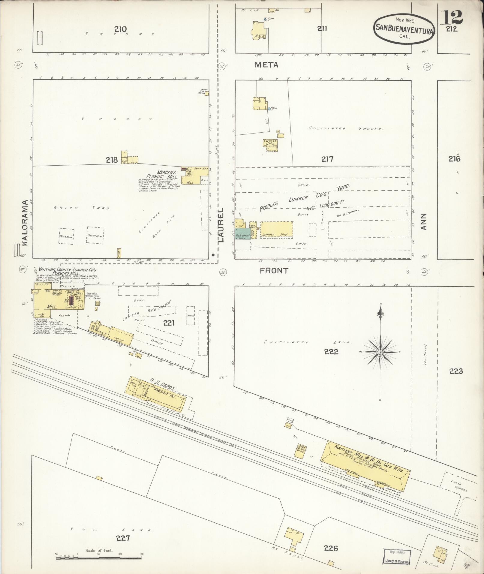 Sanborn Fire Insurance Map from San Buenaventura, Ventura County, California (1892), Sheet #0012 - Complete Map Set gallery image, historic Sanborn map, vintage wall art, California California