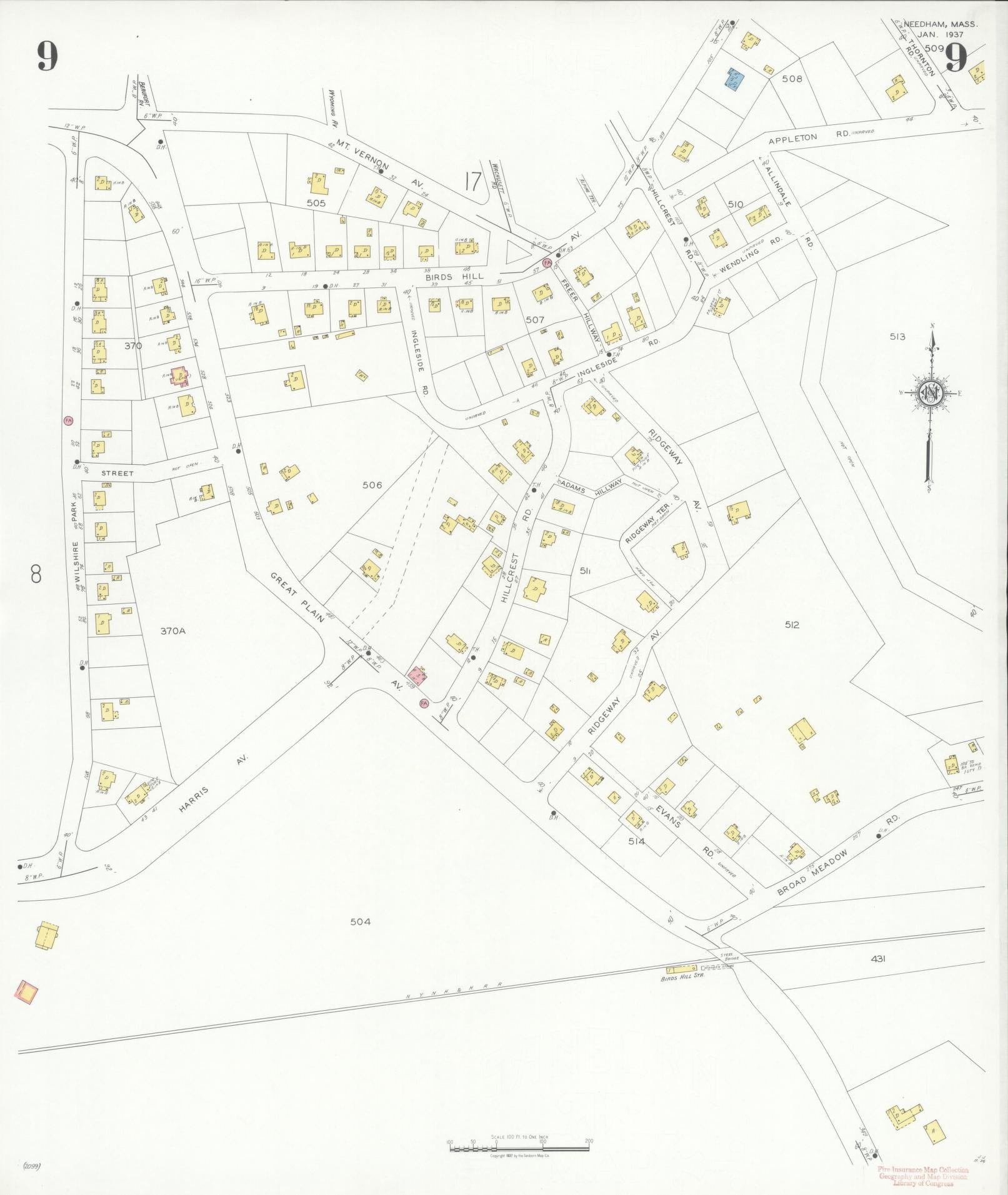 Sanborn Fire Insurance Map from Needham, Norfolk County, Massachusetts (1937), Sheet #0009 - Complete Map Set gallery image, historic Sanborn map, vintage wall art, Massachusetts Massachusetts