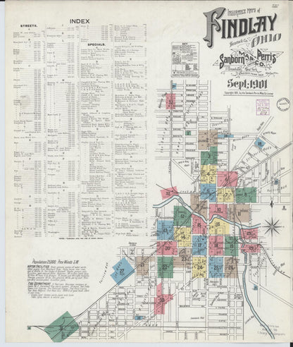 Sanborn Fire Insurance Map from Findlay, Hancock County, Ohio (1901), Sheet #0001 - Historic Sanborn Fire Insurance Map Print, vintage old map wall art, antique decor, genealogy gift, Ohio Ohio map