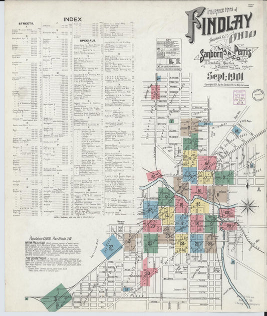 Sanborn Fire Insurance Map from Findlay, Hancock County, Ohio (1901), Sheet #0001 - Historic Sanborn Fire Insurance Map Print, vintage old map wall art, antique decor, genealogy gift, Ohio Ohio map