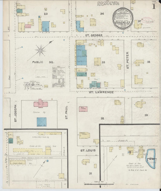 Sanborn Fire Insurance Map from Gonzales, Gonzales County, Texas (1891), Sheet #0001 - Complete Map Set gallery image, historic Sanborn map, vintage wall art, Texas Texas