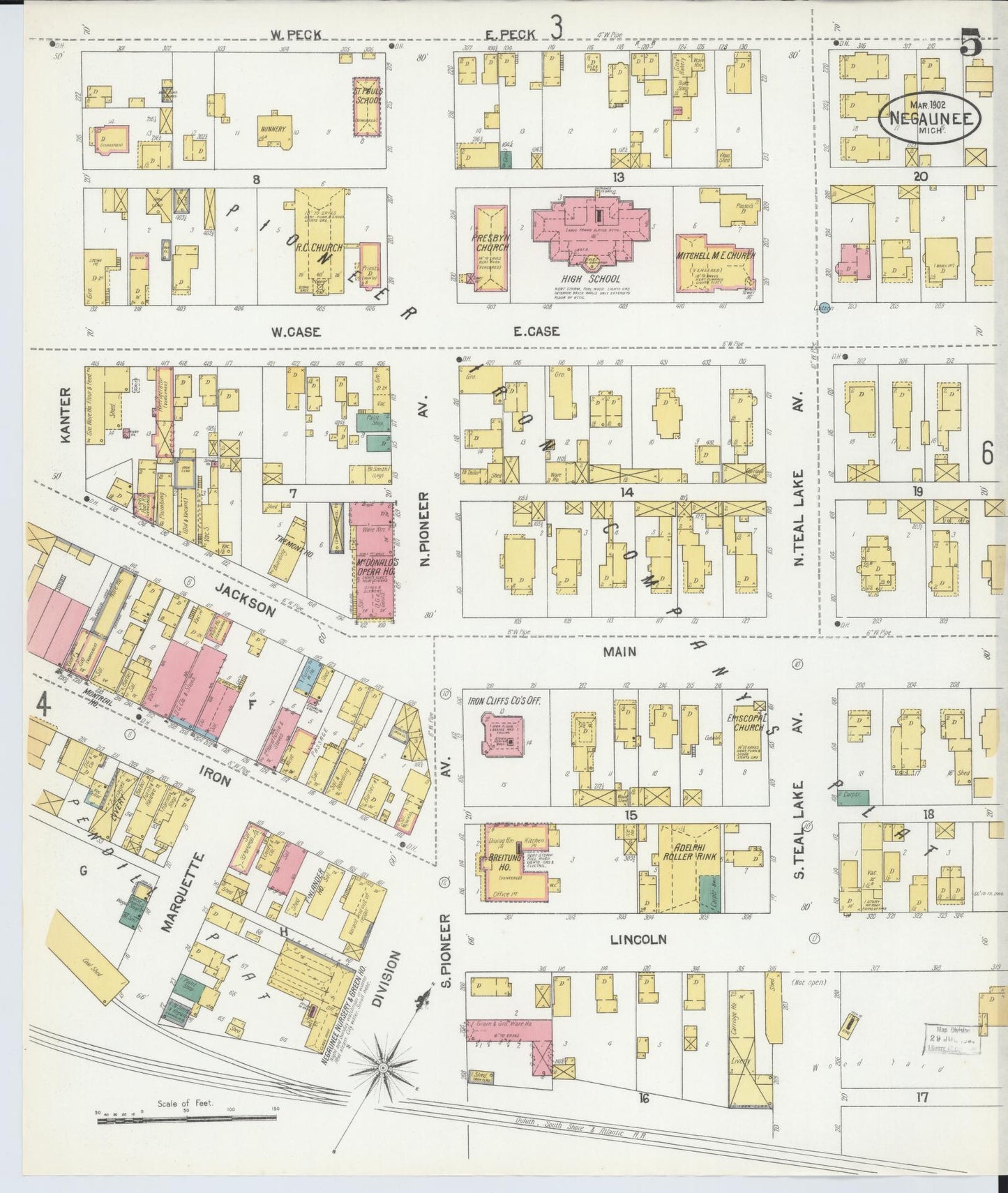 Sanborn Fire Insurance Map from Negaunee, Marquette County, Michigan (1902), Sheet #0005 - Historic Sanborn Fire Insurance Map Print, vintage old map wall art, antique decor, genealogy gift, Michigan Michigan map