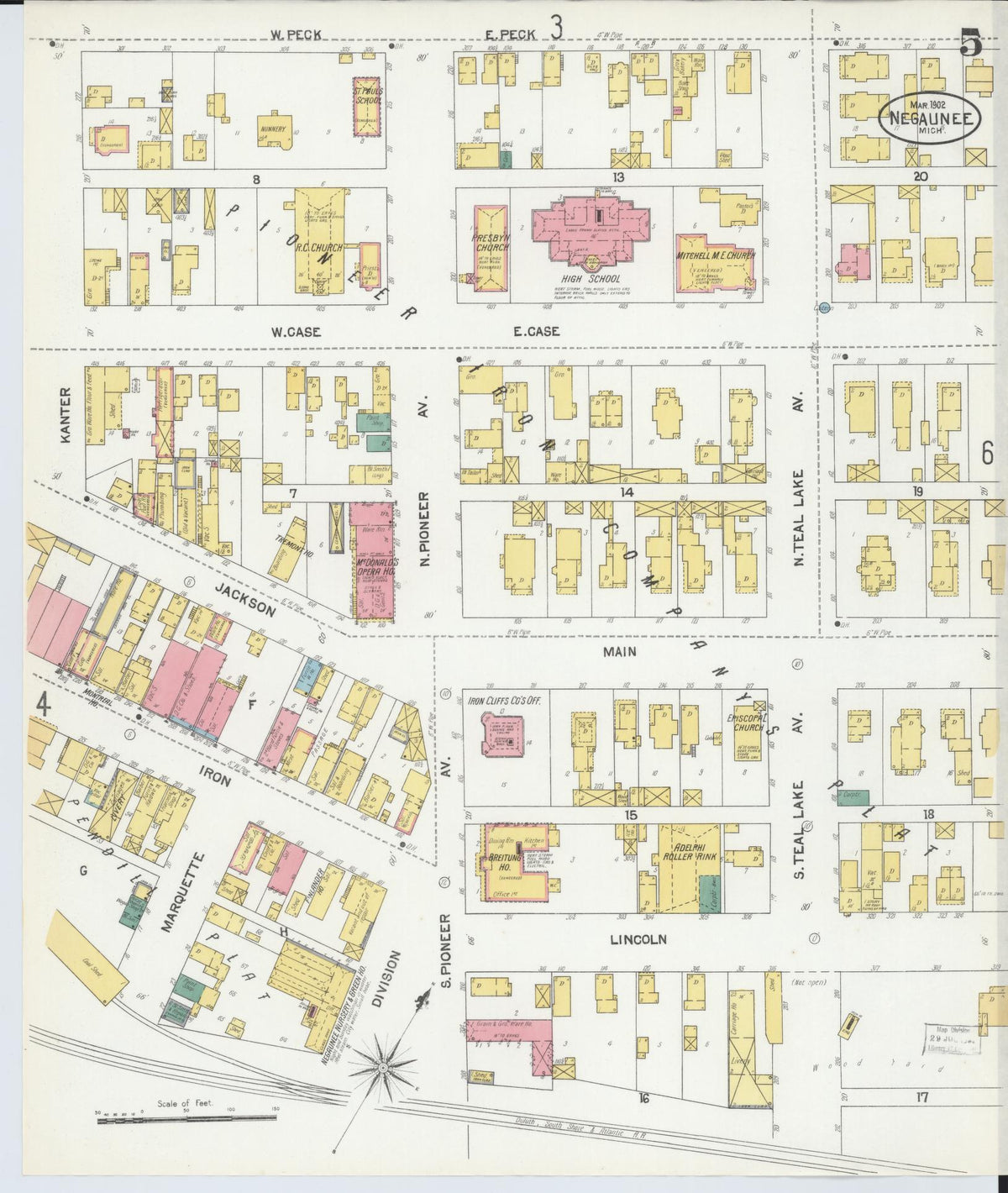 Sanborn Fire Insurance Map from Negaunee, Marquette County, Michigan (1902), Sheet #0005 - Historic Sanborn Fire Insurance Map Print, vintage old map wall art, antique decor, genealogy gift, Michigan Michigan map