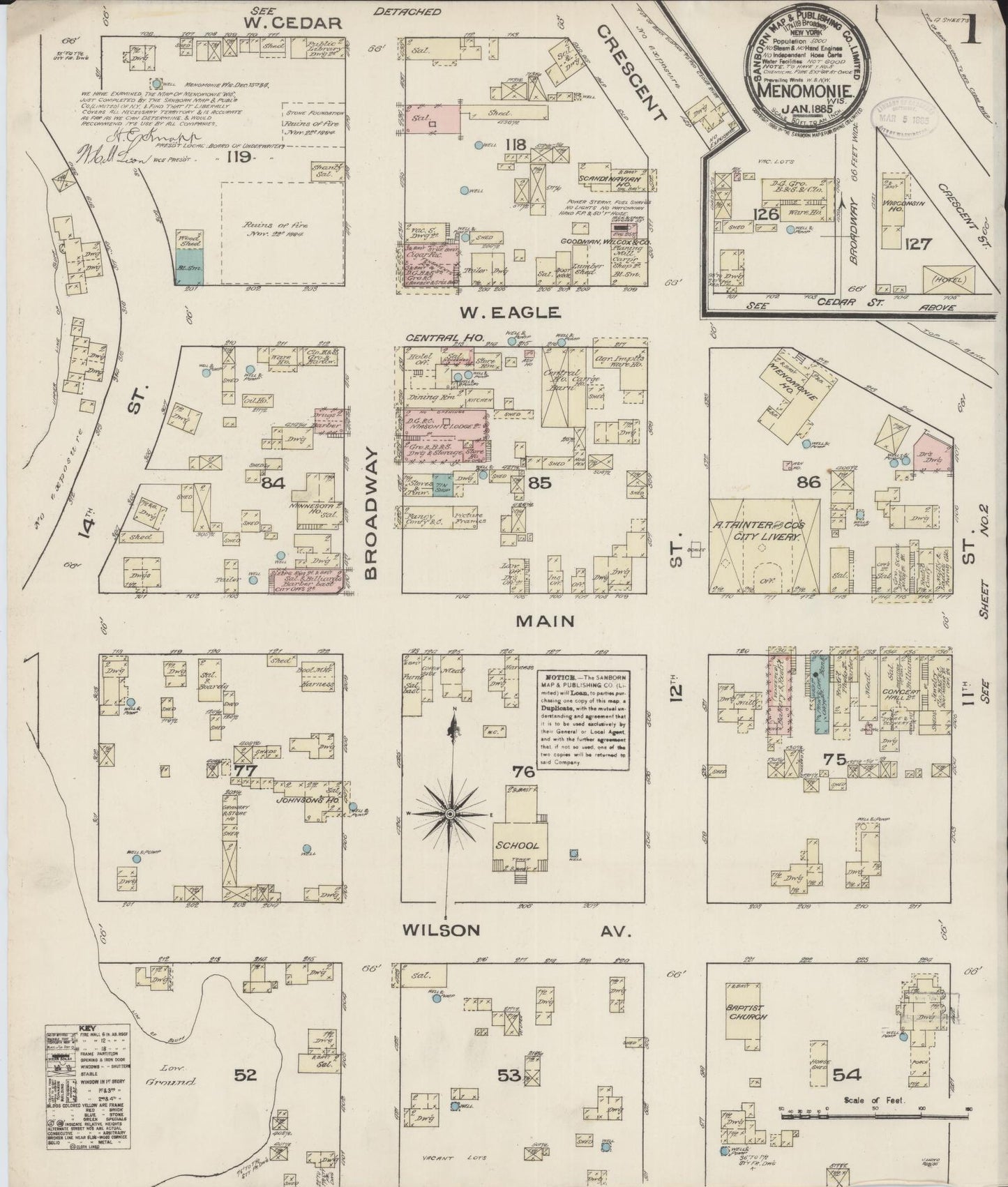 Sanborn Fire Insurance Map from Menomonie, Dunn County, Wisconsin (1885), Sheet #0001 - Historic Sanborn Fire Insurance Map Print, vintage old map wall art, antique decor, genealogy gift, Wisconsin Wisconsin map