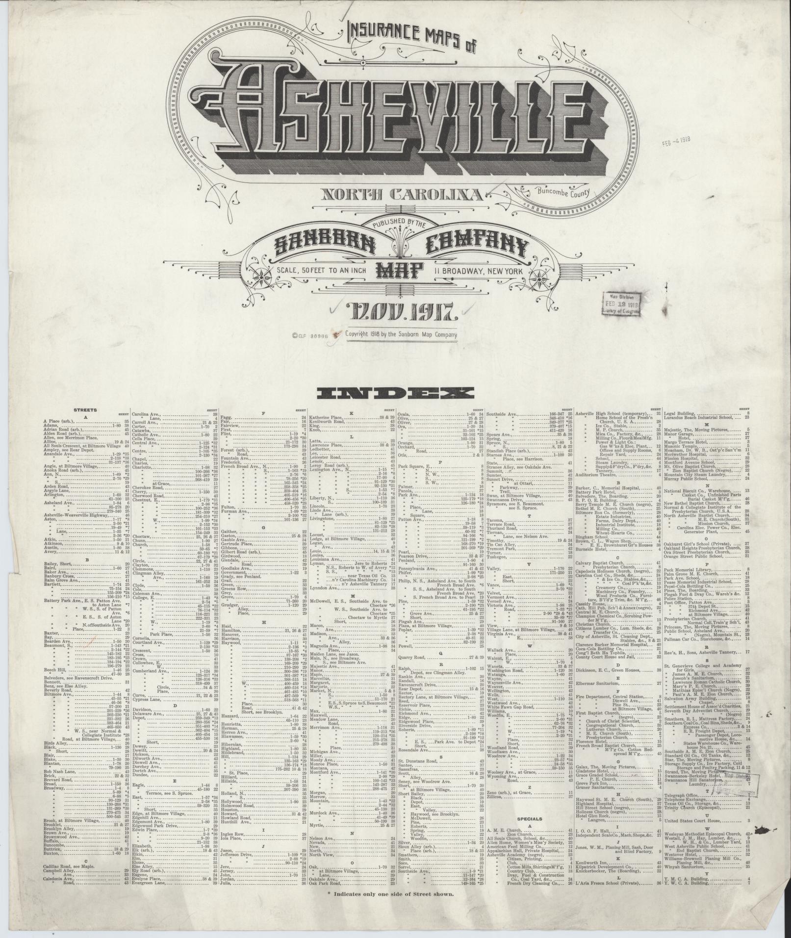 Sanborn Fire Insurance Map from Asheville, Buncombe County, North Carolina (1917), Sheet #0001 - Historic Sanborn Fire Insurance Map Print, vintage old map wall art, antique decor, genealogy gift, North Carolina North Carolina map