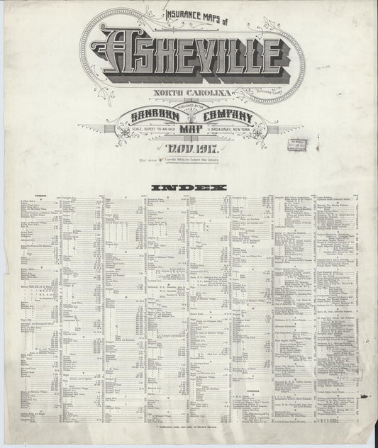 Sanborn Fire Insurance Map from Asheville, Buncombe County, North Carolina (1917), Sheet #0001 - Historic Sanborn Fire Insurance Map Print, vintage old map wall art, antique decor, genealogy gift, North Carolina North Carolina map
