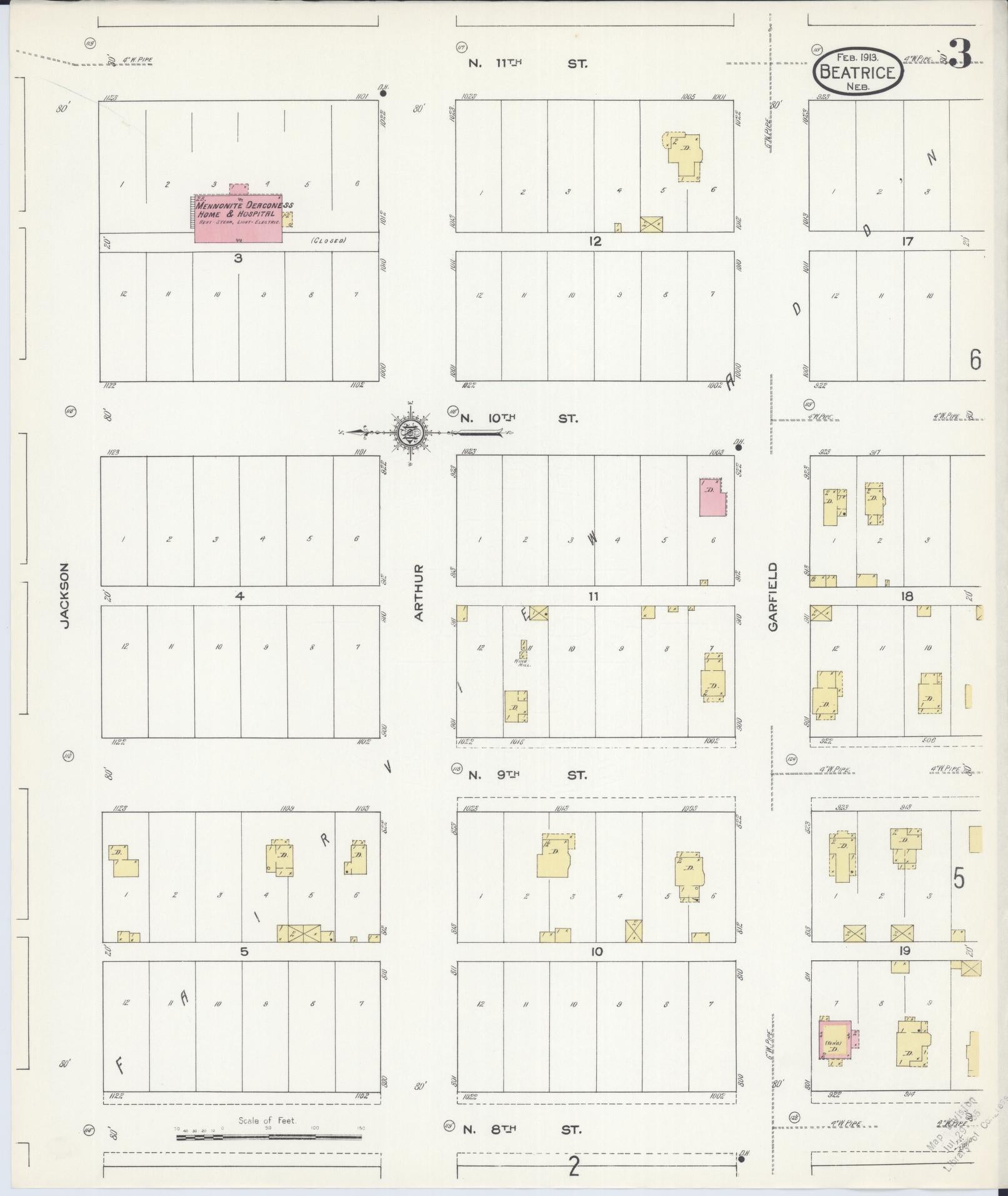 Sanborn Fire Insurance Map from Beatrice, Gage County, Nebraska (1913), Sheet #0003 - Historic Sanborn Fire Insurance Map Print, vintage old map wall art, antique decor, genealogy gift, Nebraska Nebraska map