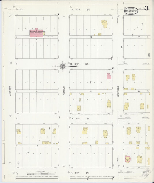 Sanborn Fire Insurance Map from Beatrice, Gage County, Nebraska (1913), Sheet #0003 - Historic Sanborn Fire Insurance Map Print, vintage old map wall art, antique decor, genealogy gift, Nebraska Nebraska map