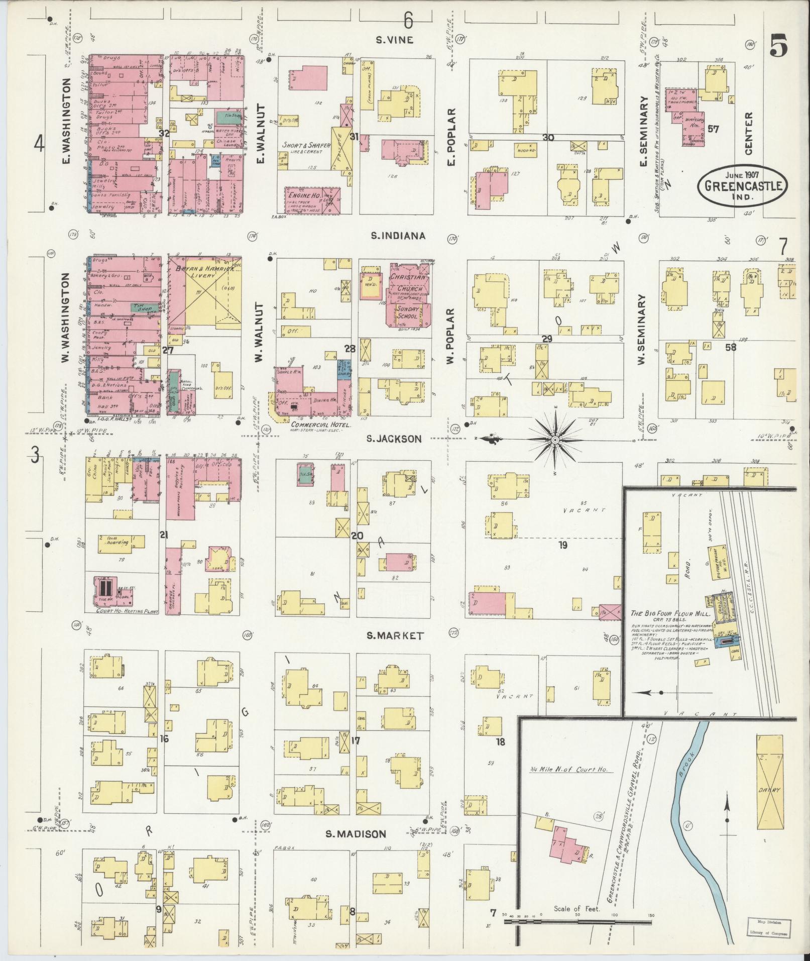 Sanborn Fire Insurance Map from Greencastle, Putnam County, Indiana (1907), Sheet #0005 - Complete Map Set gallery image, historic Sanborn map, vintage wall art, Indiana Indiana