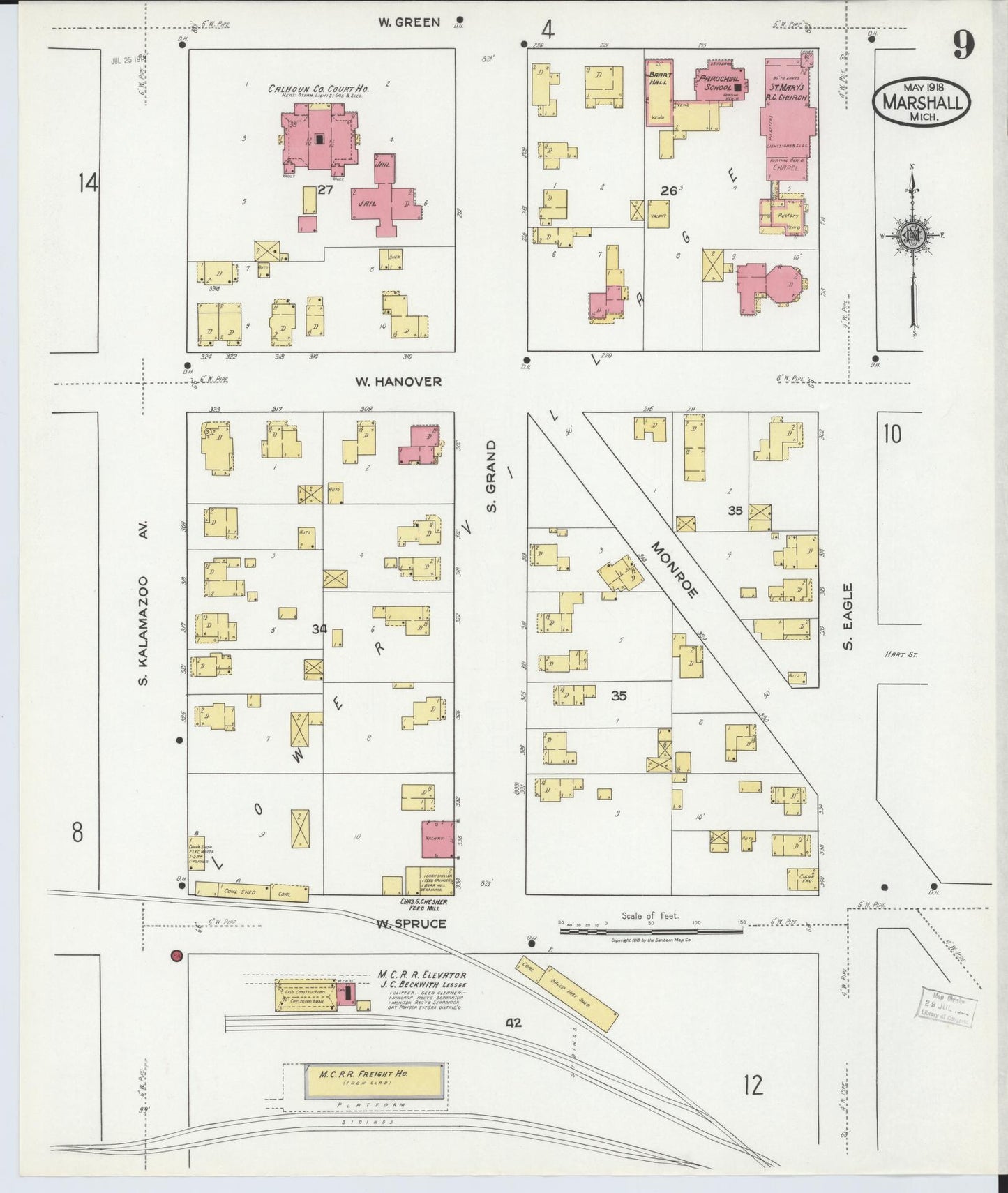 Sanborn Fire Insurance Map from Marshall, Calhoun County, Michigan (1916), Sheet #0009 - Historic Sanborn Fire Insurance Map Print, vintage old map wall art, antique decor, genealogy gift, Michigan Michigan map