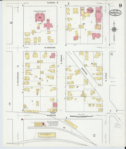 Sanborn Fire Insurance Map from Marshall, Calhoun County, Michigan (1916), Sheet #0009 - Historic Sanborn Fire Insurance Map Print, vintage old map wall art, antique decor, genealogy gift, Michigan Michigan map